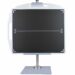 Vertical metal stand with two black spherical clamps holding a flat carbon-fiber panel.