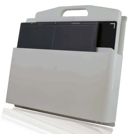 wmpp_hero White wall-mounted holder with a black rectangular panel partially inserted