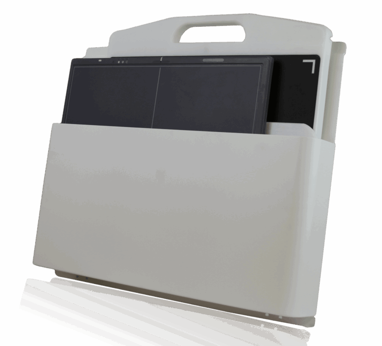 White wall-mounted holder with a black rectangular panel partially inserted